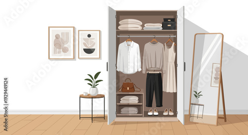 Modern Minimalist Bedroom with Open Wardrobe and Decor.