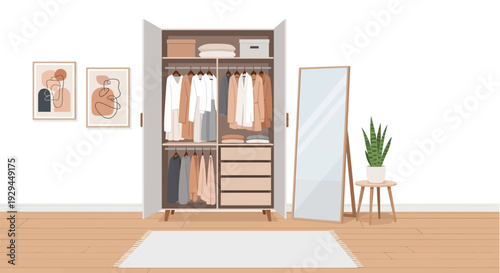 Modern minimalist bedroom with open wardrobe and organized clothes.