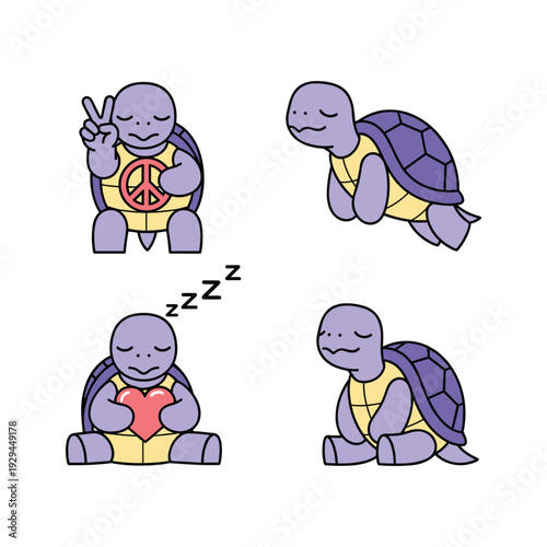 Cartoon turtle character in various relaxing poses with peace signs and hearts