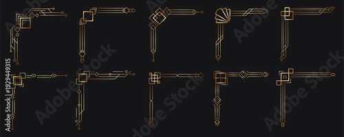 Set of Gold Art Deco corner border designs are displayed in a grid on a black background with geometric lines. Vector illustration
