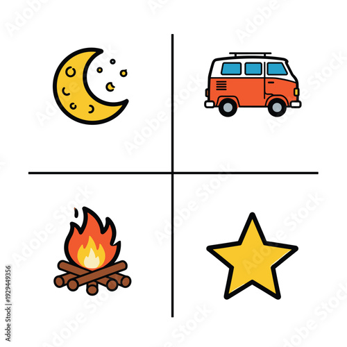 Collection of camping and night sky themed icons.
