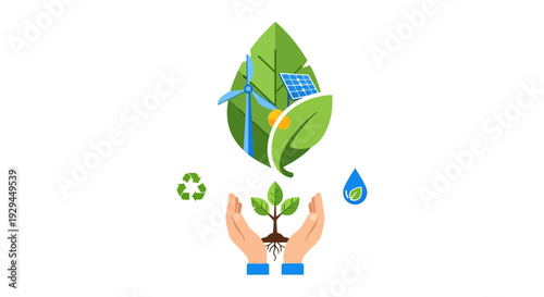 Environmental Sustainability Concept with Renewable Energy, Recycling, Water Conservation, and New Growth