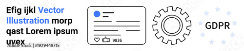 Data privacy, GDPR compliance, online regulations, user protection, internet security, tech policies. Profile card, gear icon and GDPR text with stars. Data privacy and GDPR concept