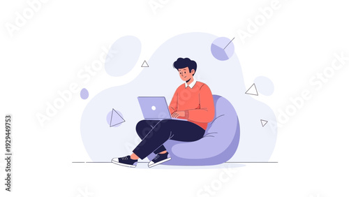 Young man working on laptop while sitting on bean bag chair, modern flat illustration