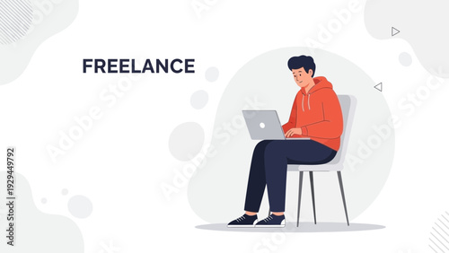 Young man working on laptop, freelance concept, modern illustration