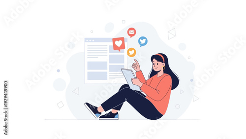 Young woman using tablet with social media icons and website interface concept