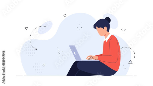 Young woman working on laptop computer, flat design illustration