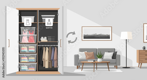 Modern living room with organized wardrobe and minimalist decor.