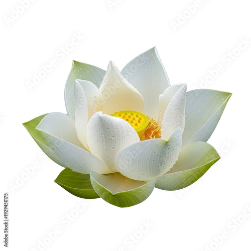 White lotus flower with water droplets isolated on transparent background