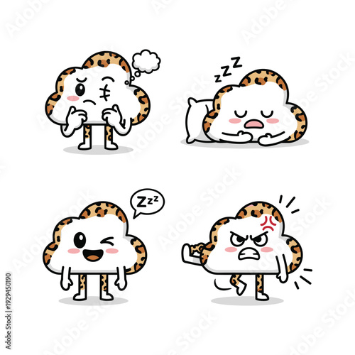 Cute cartoon cloud character expressing different emotions and actions with adorable facial expressions