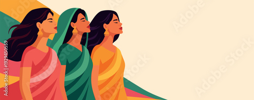 International Women's Day India, March 8th. Vector horizontal illustration of Indian women in traditional saris standing together. For decorating cultural themes, women's empowerment, unity, equality