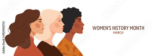 Diverse women profiles for Womens History Month banner. Vector illustration concept of female empowerment, equality and international multi-ethnic unity