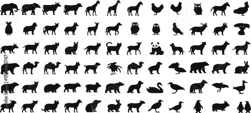 Collection of black animal silhouettes featuring domestic and wild species including elephant, cow, horse, giraffe, birds, and more for educational design projects