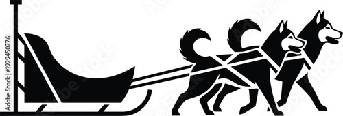 Dog sled team silhouette with huskies pulling an empty sled in cad drawing flat vector illustration for winter arctic adventure
