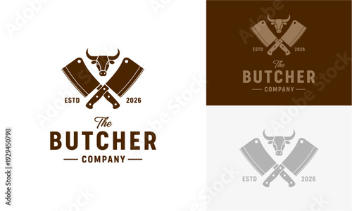 A collection of butcher company logos featuring crossed cleavers and knives in various designs on different backgrounds from a straightforward front view