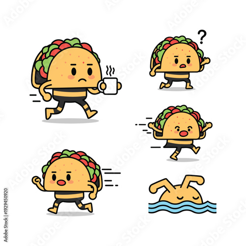 Taco character in various action poses with emotions on white background