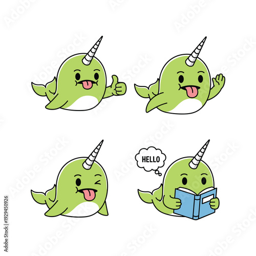 Cartoon narwhal character in various poses and actions with copy space