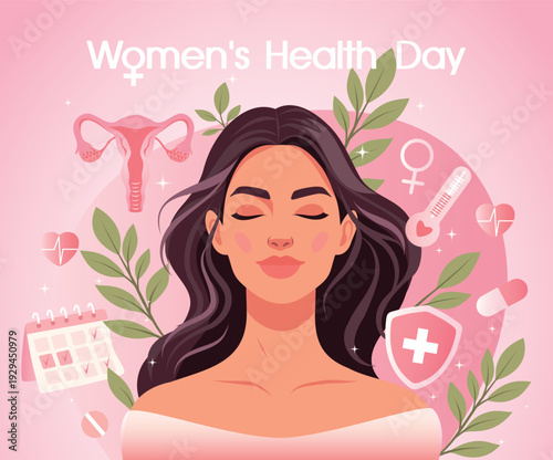 International Women's Health Day. Mental health of women. Woman surrounded by medical elements uterus, calendar, pills, plants, symbol of self-care, awareness. Vector illustration for health projects
