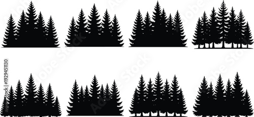 Collection of evergreen conifer tree silhouettes featuring pine and fir clusters, forest compositions, natural woodland scenery, and environmental design inspiration for illustration projects