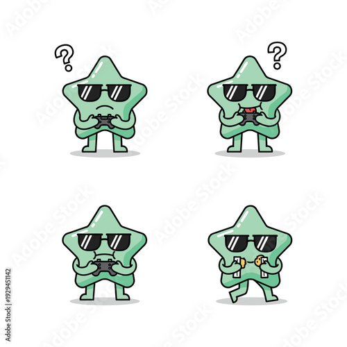 Cartoon star characters with sunglasses expressing different emotions and actions