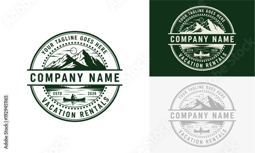 Mountain landscape logos displayed in various formats and backgrounds showcasing company branding and identity designs with different visual elements, viewed from directly above.