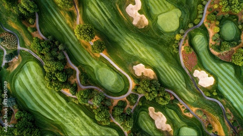 Overhead view showcases vibrant green golf course, bunkers, and winding paths. Use for themes like golf, leisure, luxury travel, or property development.