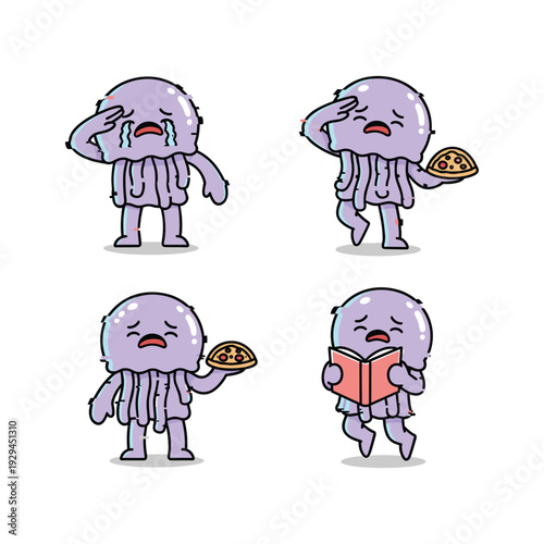 Cartoon character experiencing different emotions while holding food and book in various poses