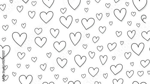 Hand-drawn black outline hearts in a random pattern on a clean white background for romantic and wedding themed projects.