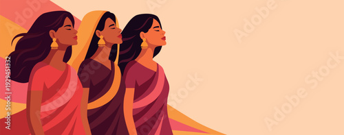 Women's Day in India, March 8th. Vector banner Indian women in traditional saris standing together. Equality, sisterhood, strength, women's rights. For cultural topics empowerment, unity, equality