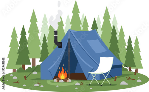 Blue camping tent with stove pipe and campfire in pine forest for outdoor adventure and wilderness tourism flat vector illustration