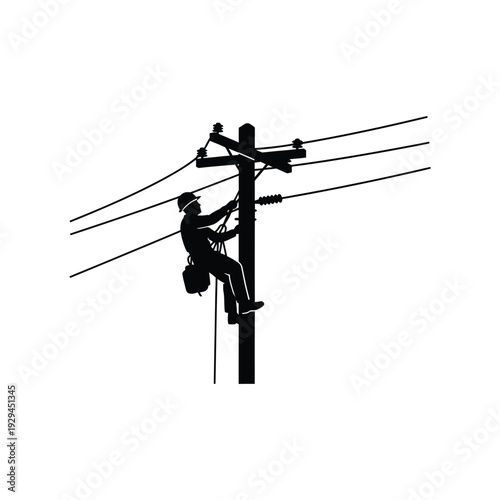 Lineman electrical power utility working on electric post silhouette black and white isolated