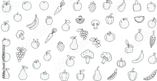 Simple Hand Drawn Line Art Vegetables and Fruits Collection: Apples, Carrots, Bananas, Broccoli, Pears for Healthy Eating, Diet, and Cooking