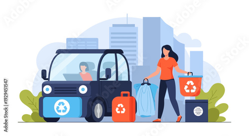 Urban Recycling Collection Service: Woman Disposing of Waste for Eco-Friendly Transport in City