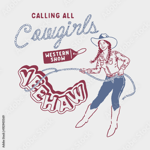 cowgirls illustration rodeo graphic rope design cartoon vintage western