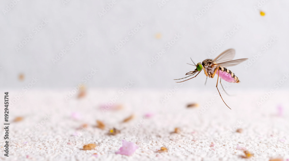 Obraz premium A mosquito flies over white powder, with colorful particles scattered around.