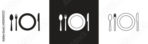 Table layout icon with fork, plate, knife, and spoon in black and white. Vector illustration