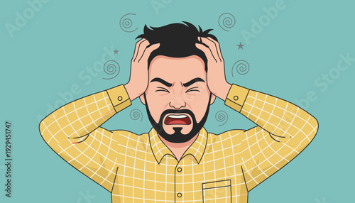 Man experiencing a severe headache or migraine with dizziness and discomfort, holding his head.