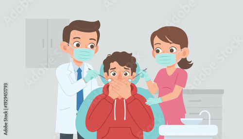 Scared child covering mouth during dental visit, afraid of treatment with two dentists in protective masks.