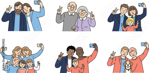 Collection of diverse families and couples taking selfies with smartphones in a modern flat line art vector illustration