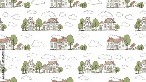 Quaint seamless pattern featuring hand-drawn houses, leafy trees, and fluffy clouds in a charming storybook style on a white background.