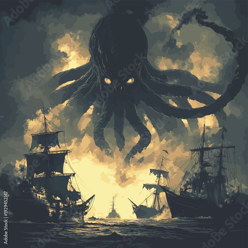 fantasy scene showing Cthulhu the giant sea monster destroying ships, Generative AI , vector style simple color