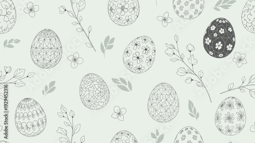 Elegant black and white seamless pattern of decorated Easter eggs and delicate leafy branches on a soft mint green background.
