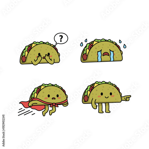 Cartoon taco character running with cape and smiling in different poses