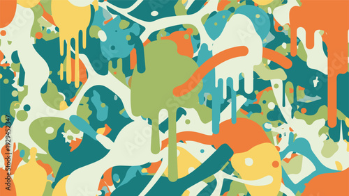 Seamless pattern featuring vibrant paint drips and splatters in a palette of green, blue, orange, and cream colors for artistic design.