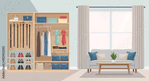 Modern living room interior with organized closet and stylish furniture.