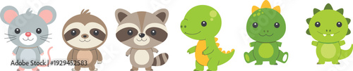 Set of cute cartoon animals including mouse, raccoon and dinosaurs, adorable kids character collection for children education, nursery design, animation and mascot illustration projects