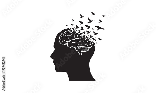 Human Brain Dissolving into Flying Birds Silhouette Concept
