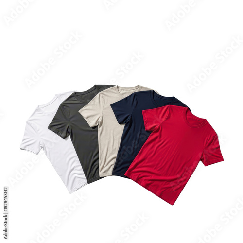 Row of five colorful t-shirts on white background