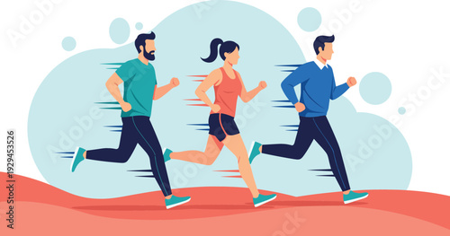 Group of diverse people running and jogging together in a park for fitness and healthy lifestyle flat vector illustration