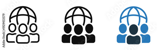 Global community icon set, people group and globe symbol, representing network, worldwide connection, diversity, and unity, vector illustrations for business, social, and educational projects.